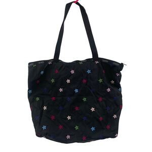 LESPORTSAC Bag Flower Embroidery Black Zipper Tote Lightweight Travel MultiColor